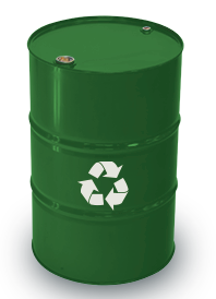 ein grünes Stahlfass mit weißem Recycling-Logo